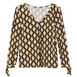 Mud Pie Black & Cream Geometric V-Neck Blouse – Size M, Chic Everyday Style